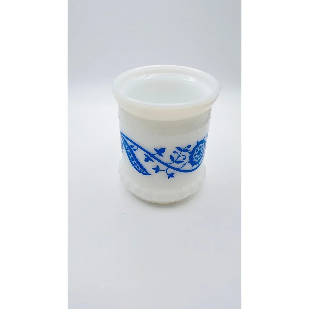 Vintage Milk Glass Blue Floral Toothbrush Holder Vanity Jar Scalloped Base